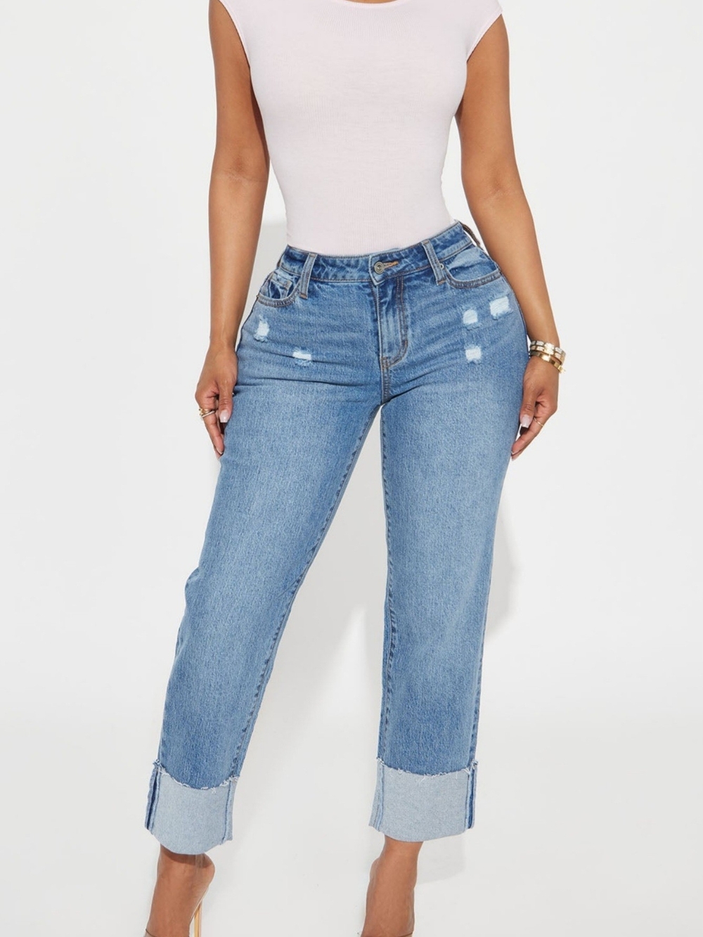 Fashion Nova Womens Solene Relaxed Cuffed Straight Leg Jeans Medium Wash Size 15